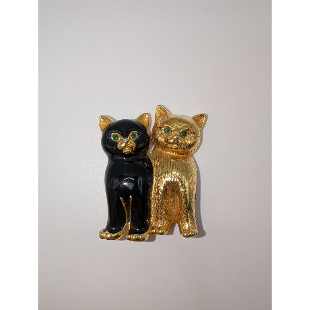 Vintage Swarovski Cat Brooch Black Enamel Gold Tone Green Crystal Eyes